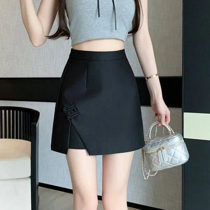 FashionSierra - Chinese Style Retro A-line Mini Womens 2024 Summer New High Waist Package Hip Ladies Elegant Satin Short Skirt