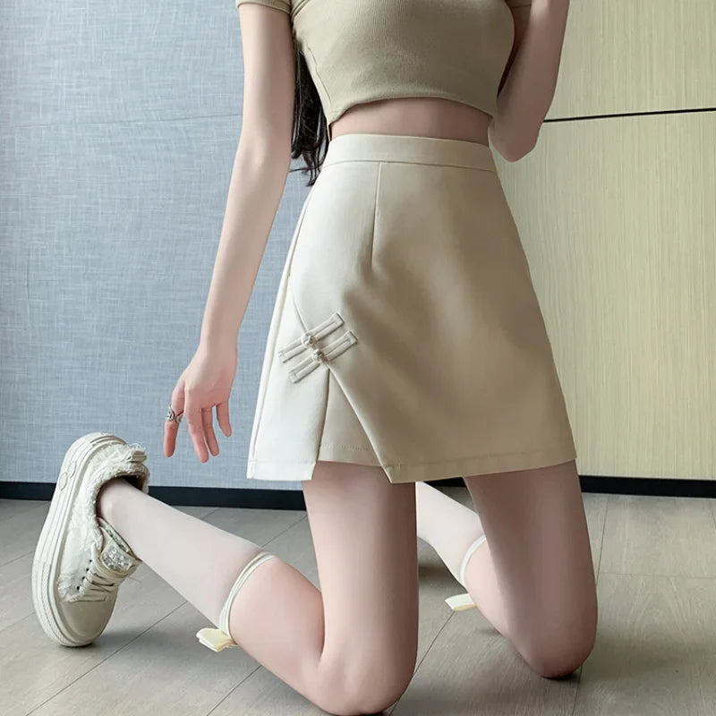 FashionSierra - Chinese Style Retro A-line Mini Womens 2024 Summer New High Waist Package Hip Ladies Elegant Satin Short Skirt