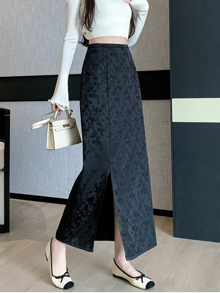 FashionSierra - Chinese Style Retro Long Womens New Spring Summer High Waist Print Slit Midi Ladies Slim Straight Skirt