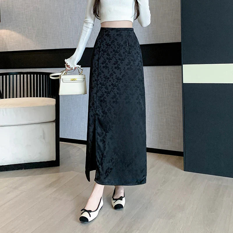 FashionSierra - Chinese Style Retro Long Womens New Spring Summer High Waist Print Slit Midi Ladies Slim Straight Skirt