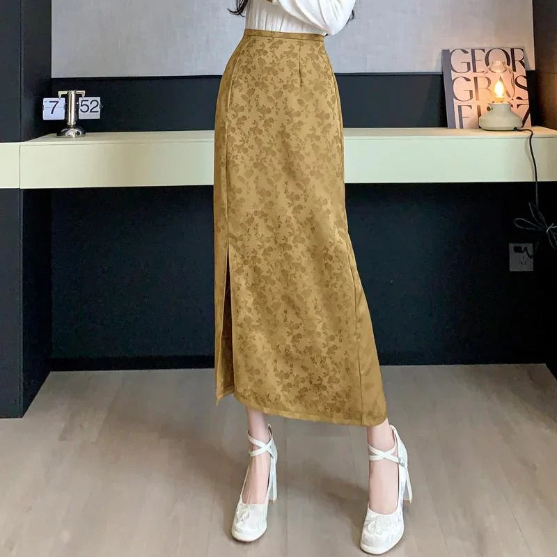 FashionSierra - Chinese Style Retro Long Womens New Spring Summer High Waist Print Slit Midi Ladies Slim Straight Skirt