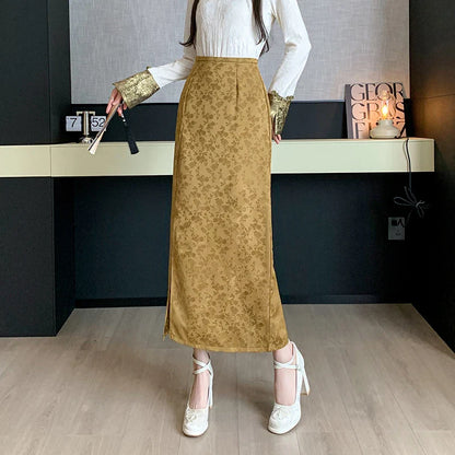 FashionSierra - Chinese Style Retro Long Womens New Spring Summer High Waist Print Slit Midi Ladies Slim Straight Skirt