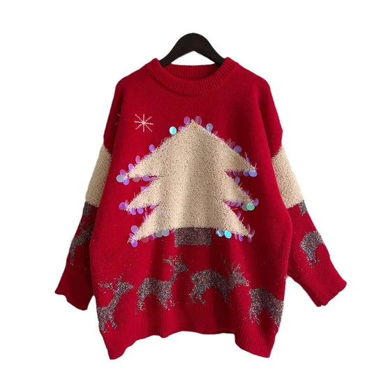 Sequins Christmas Tree Deer Jacquard Crew Neck Sweater Sweaters-L