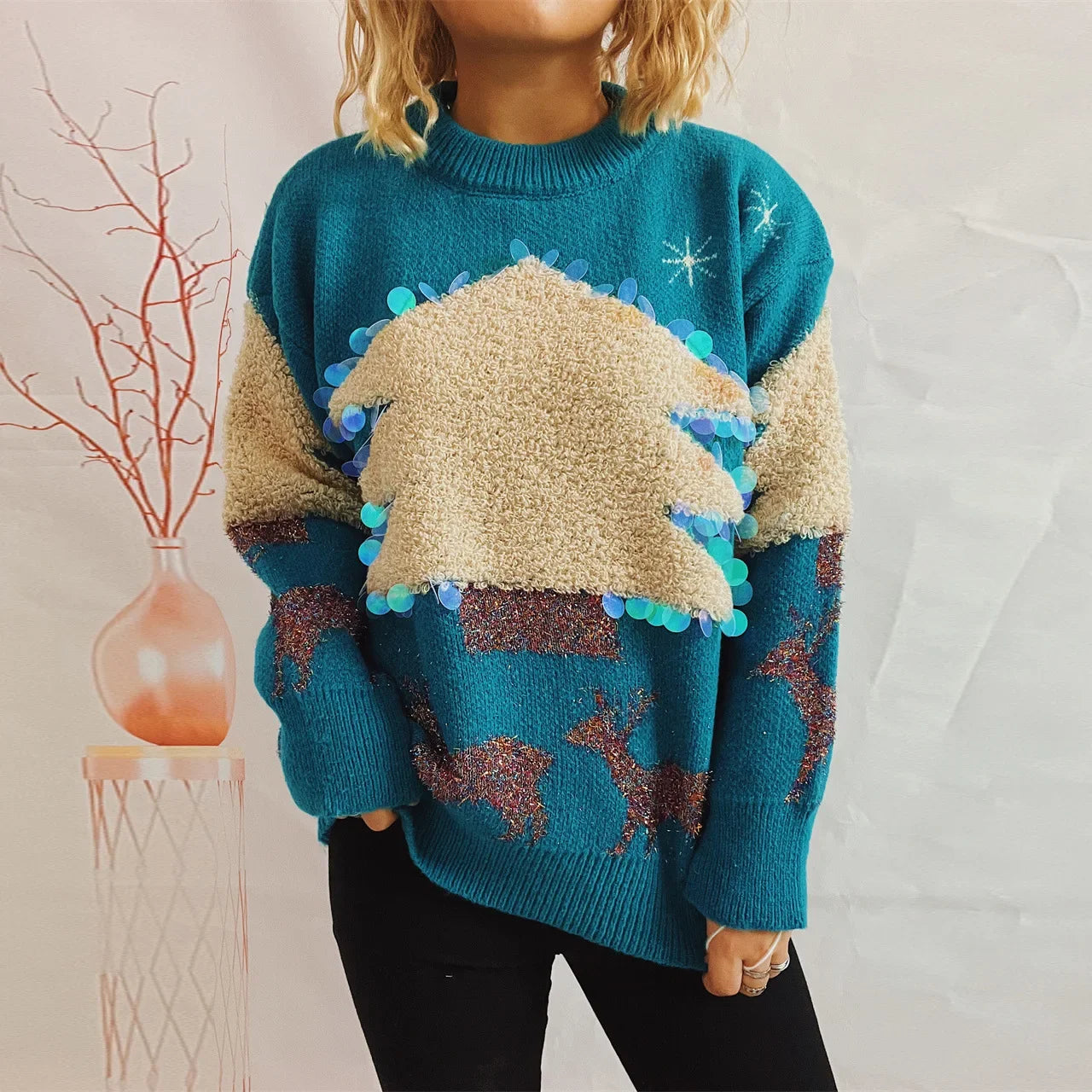 Sequins Christmas Tree Deer Jacquard Crew Neck Sweater Blue / S Sweaters-L
