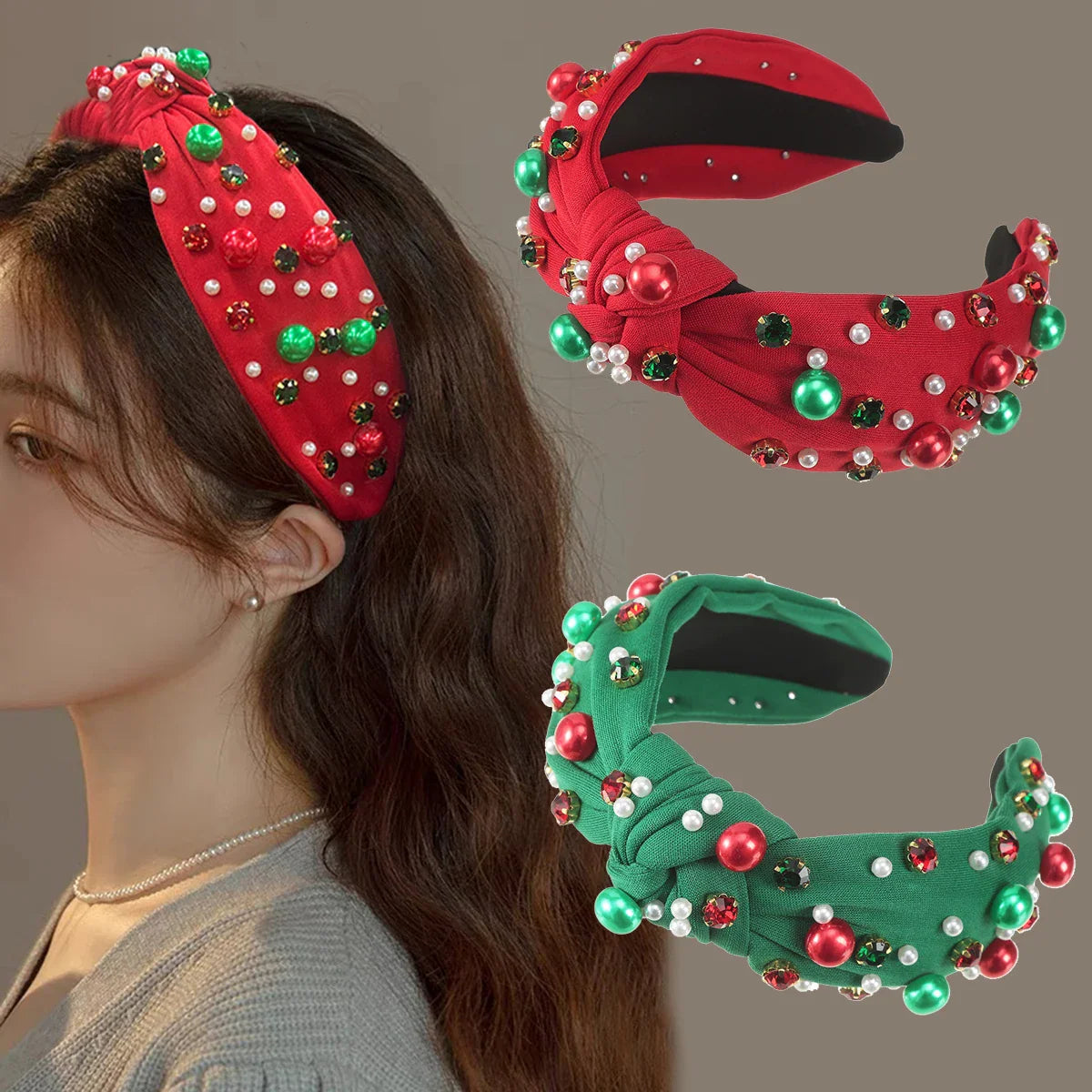 Festive Red Winter Wide Knotted Christmas Hair Accessory With Imitation Pearls Accessories-L