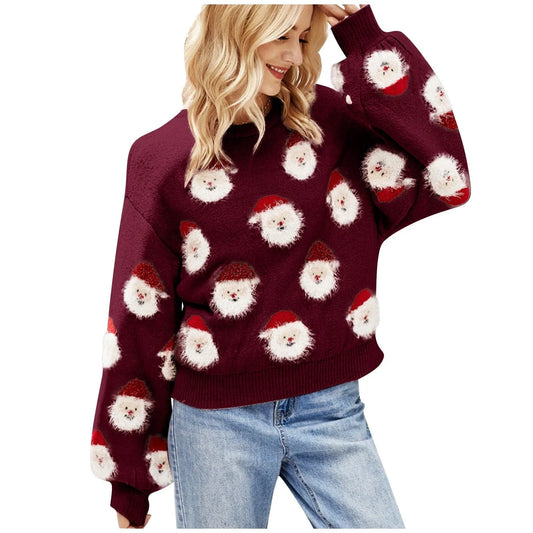 Round Neck Casual Oversized Warm Christmas Santa Head Sweater Wine / S Sweaters-L