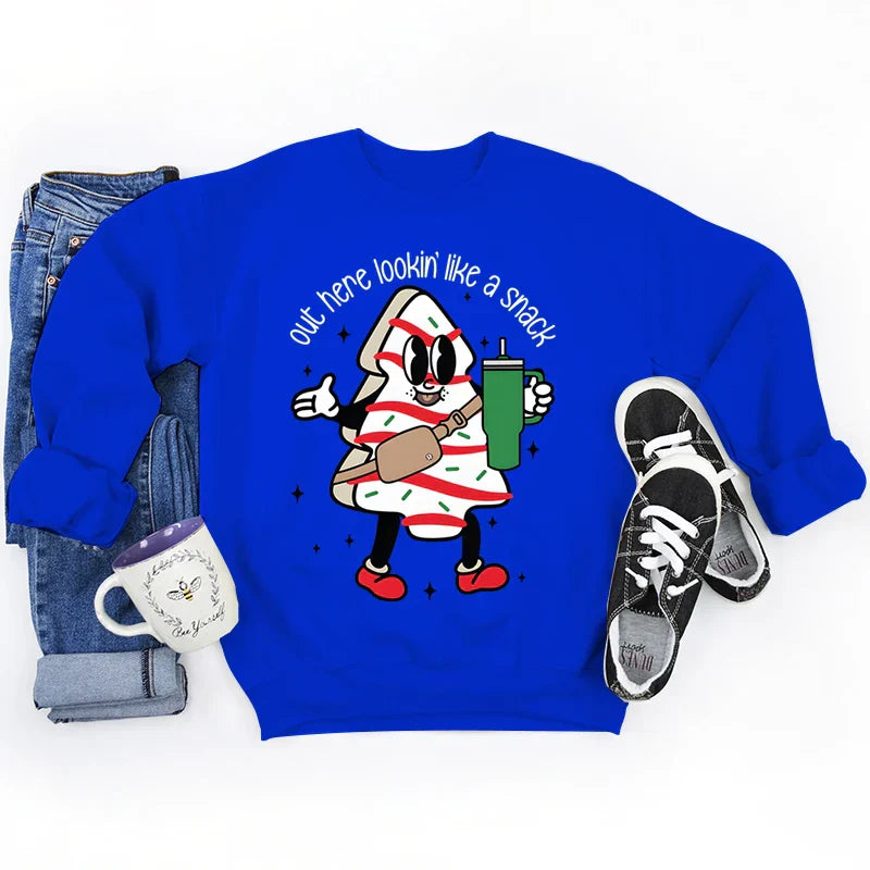 Out Here Lookin’ Like A Snack Print Round Neck Casual Long Sleeve Christmas Hoodie Blue / S