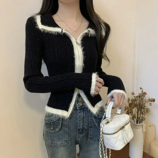 Plush Knitted Slim-Fit Zipper Cardigan Black / S Cardigan-241208