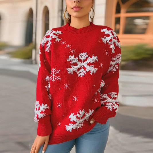 Snowflake Embroidered Round Neck Long Sleeve Crossbody Christmas Sweater Sweaters-L