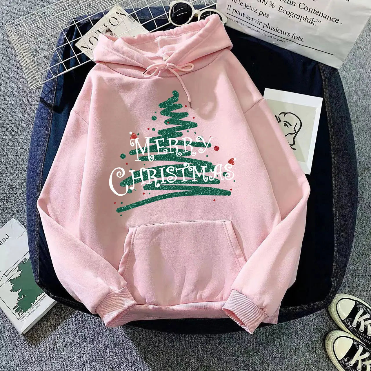 Sporty Printed Casual Long Sleeve Christmas Hoodie For Women Dusky Pink / S Hoodies-L