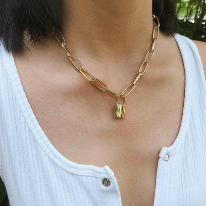 Clavicle Big Punk Golden Lock Statement Gothic Women's New Necklake