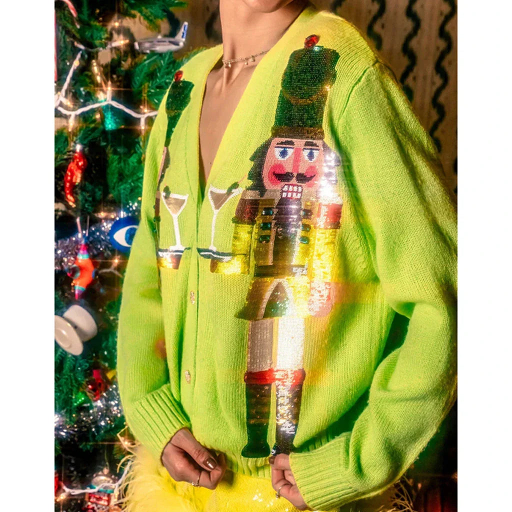 Y2K Cartoon Soldiers Sequin Cropped Cardigan Light Green / S Cardigan-241208