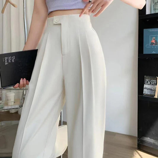 Women Cotton Linen Pants Elastic Waist Loose Straight Female Solid Color Ankle-Length Pants