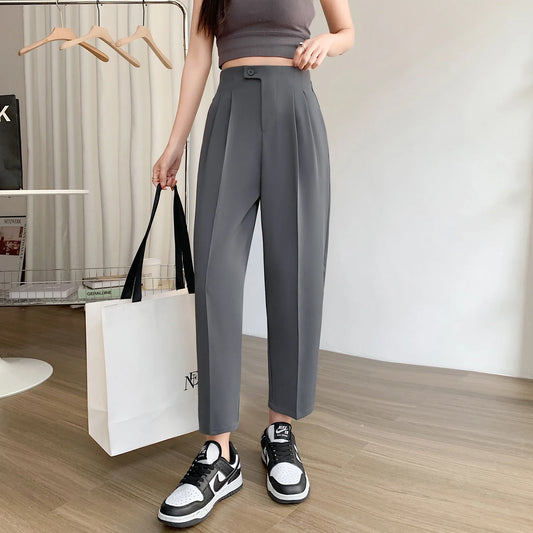 Women Cotton Linen Pants Elastic Waist Loose Straight Female Solid Color Ankle-Length Pants