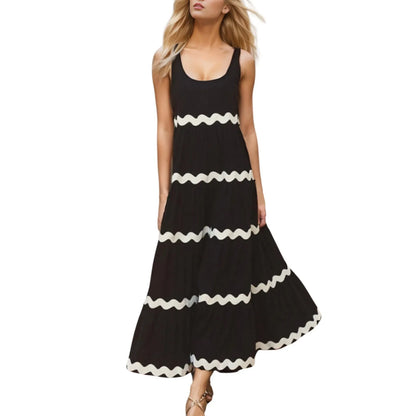 FashionSierra - Contrast Wave Strap Holiday Backless Casual Vacation Striped A-Line Dress