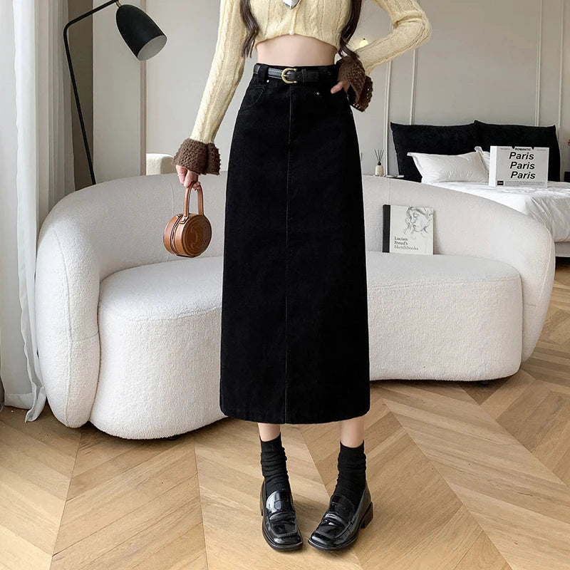 FashionSierra - Women 2024 New Autumn Winter Fashion High Waist Straight Ladies Retro Casual Mid-length Skirt