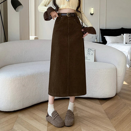 FashionSierra - Women 2024 New Autumn Winter Fashion High Waist Straight Ladies Retro Casual Mid-length Skirt