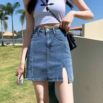 2024 Summer New High Waist Thin Small A Word Package Hip Skirt Half-Body Elastic Skirt Jeans