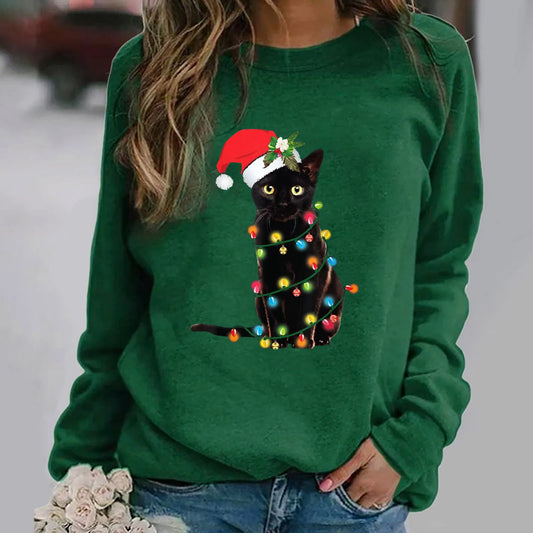 Cartoon Red Hat Black Cat Casual Long-Sleeved Crewneck Christmas Hoodie Green / S Hoodies-L