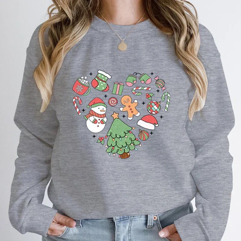 Cute Heart Tree Snowman Fashion Loose Round Neck Christmas Hoodie Gray / S Hoodies-L