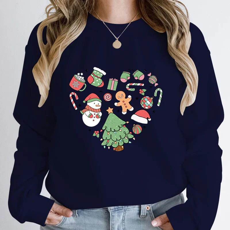 Cute Heart Tree Snowman Fashion Loose Round Neck Christmas Hoodie Deep Blue / S Hoodies-L