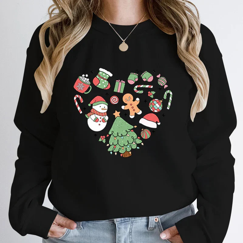 Cute Heart Tree Snowman Fashion Loose Round Neck Christmas Hoodie Black / S Hoodies-L