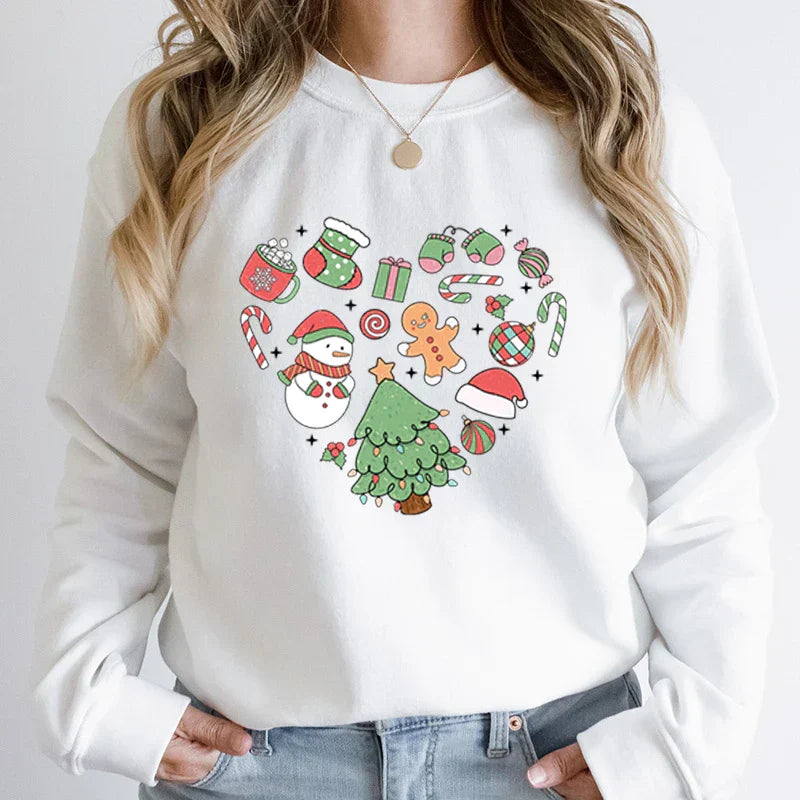 Cute Heart Tree Snowman Fashion Loose Round Neck Christmas Hoodie White / S Hoodies-L