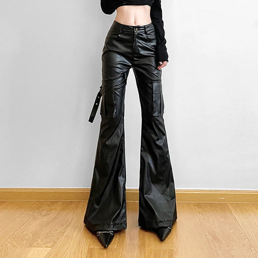 Y2K Chic Leather  Slim Flare Mid Waist Bottom