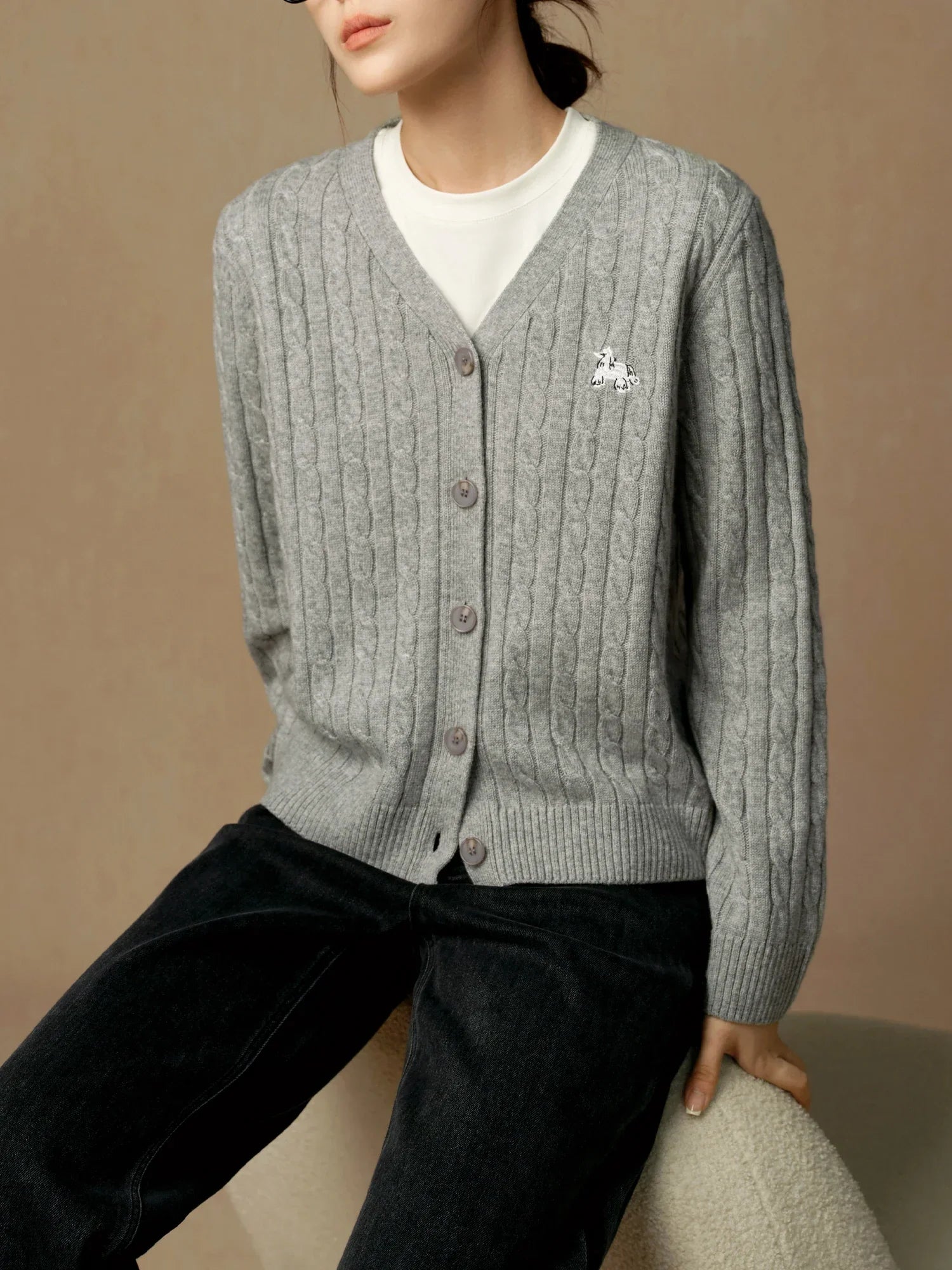 Dark Red Wool V-Neck Cable Cardigan Gray / M Cardigan-241208