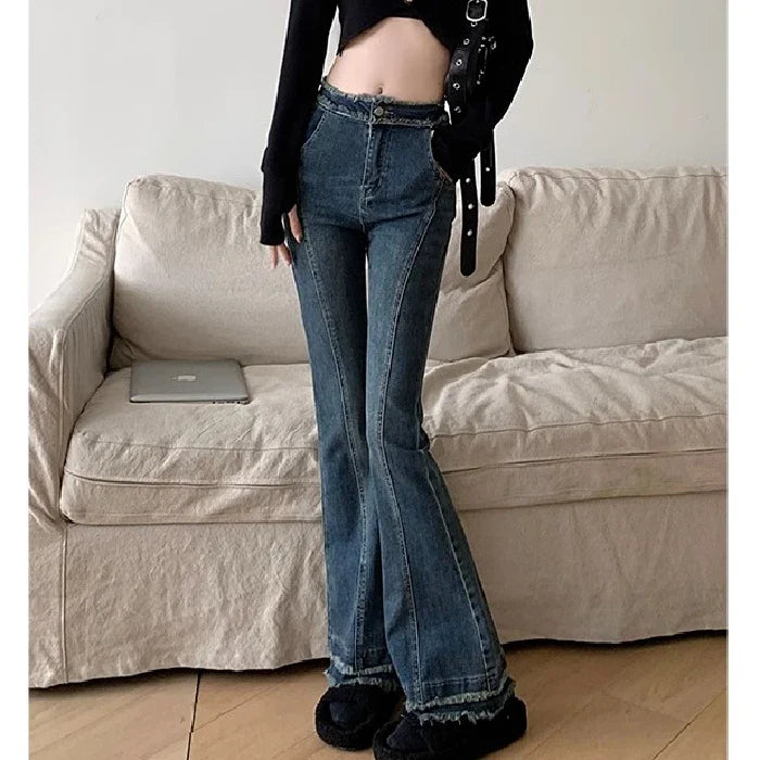 Spring New Large Size Fat Sister High-Waisted Cover Crotch Thin Micro Flare Jeans