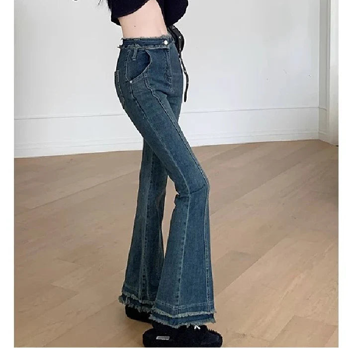 Spring New Large Size Fat Sister High-Waisted Cover Crotch Thin Micro Flare Jeans