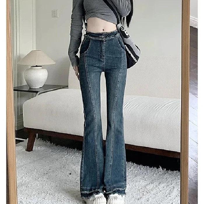 Spring New Large Size Fat Sister High-Waisted Cover Crotch Thin Micro Flare Jeans