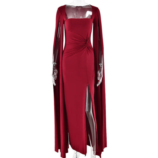 Dress Square Collar Mop Long Sleeve High Slit Solid Color Dress