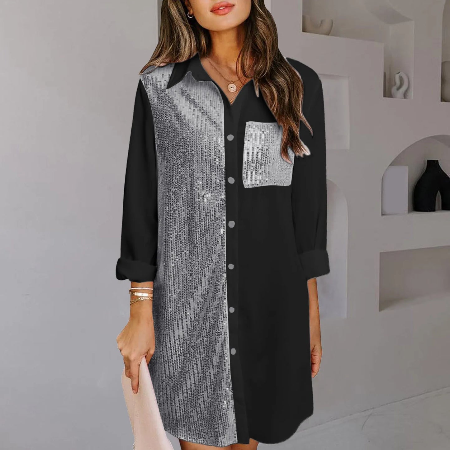 FashionSierra - Fashion Satin Sequin Patchwork Button Casual Party Sparkling Dress