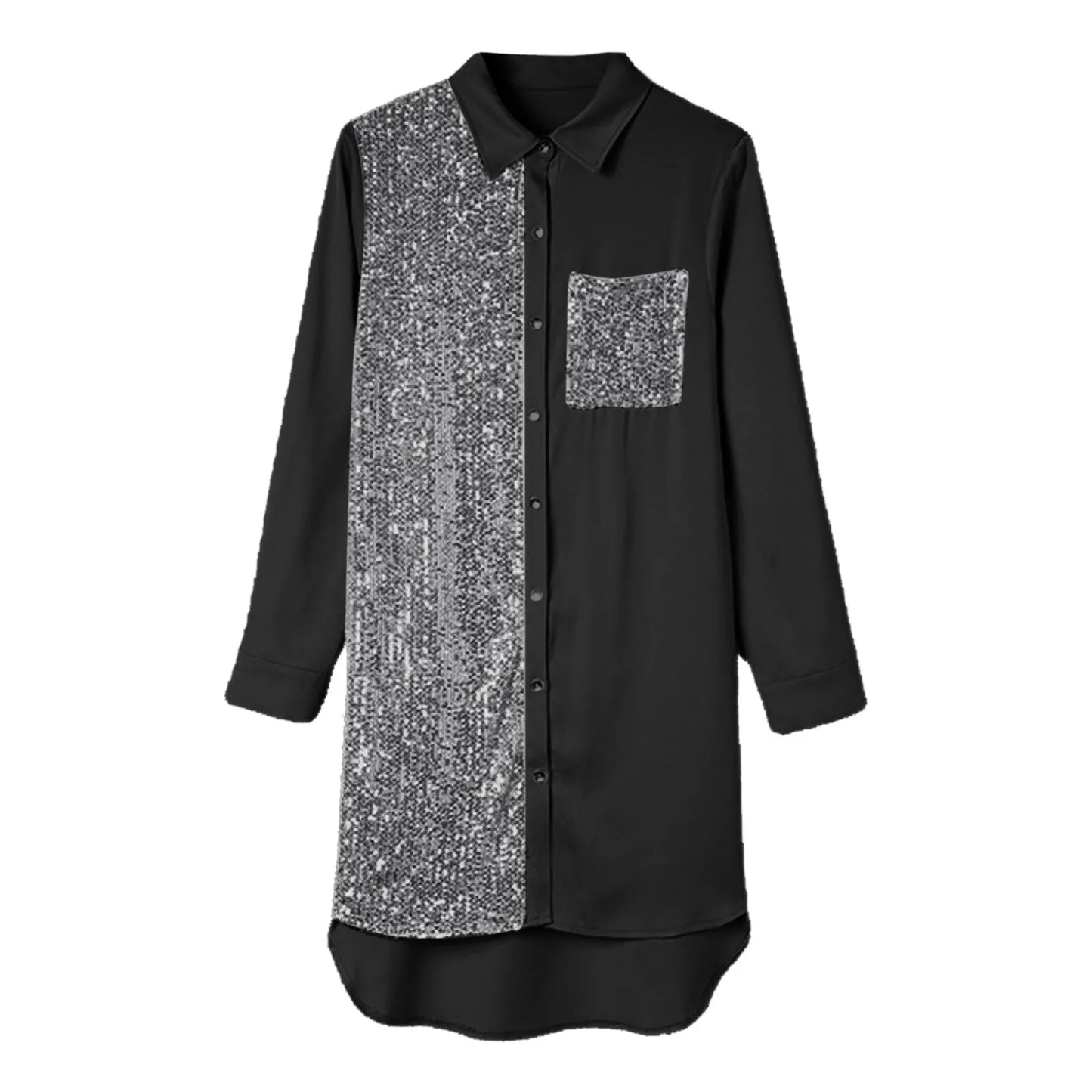 FashionSierra - Fashion Satin Sequin Patchwork Button Casual Party Sparkling Dress