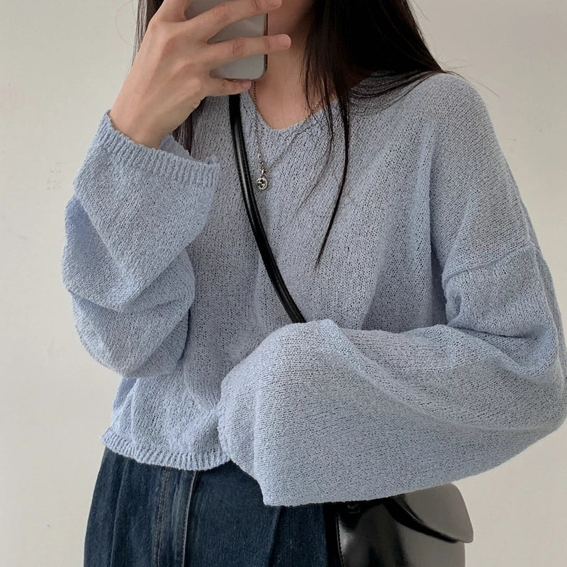 FashionSierra - Spring Sleeve Solid Casual Pullovers V-Neck Loose Knitted Streetwear 2024 Sweater