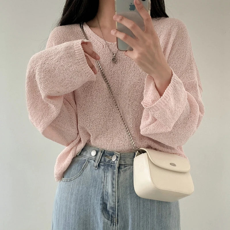 FashionSierra - Spring Sleeve Solid Casual Pullovers V-Neck Loose Knitted Streetwear 2024 Sweater