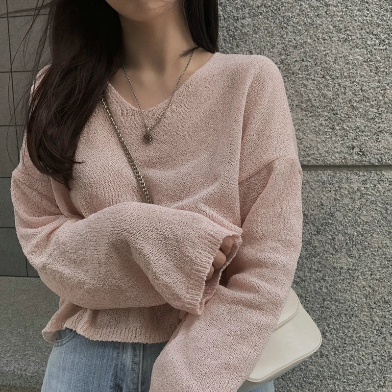 FashionSierra - Spring Sleeve Solid Casual Pullovers V-Neck Loose Knitted Streetwear 2024 Sweater