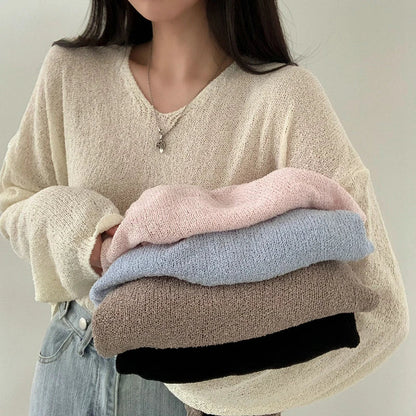 FashionSierra - Spring Sleeve Solid Casual Pullovers V-Neck Loose Knitted Streetwear 2024 Sweater