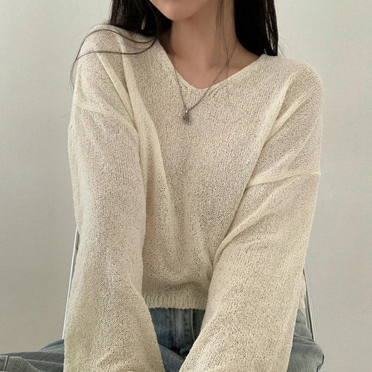 FashionSierra - Spring Sleeve Solid Casual Pullovers V-Neck Loose Knitted Streetwear 2024 Sweater