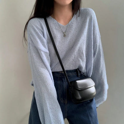 FashionSierra - Spring Sleeve Solid Casual Pullovers V-Neck Loose Knitted Streetwear 2024 Sweater