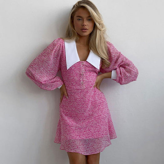 Early Doll Collar Slimming Long Sleeves A line Dress GracefulPrinted Dress