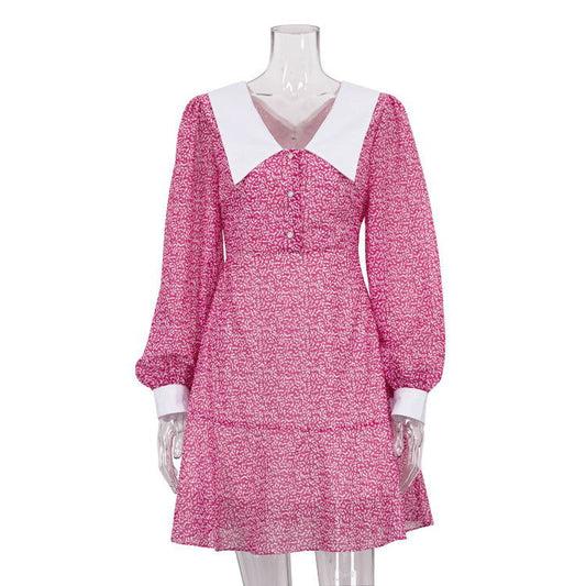 Early Doll Collar Slimming Long Sleeves A line Dress GracefulPrinted Dress