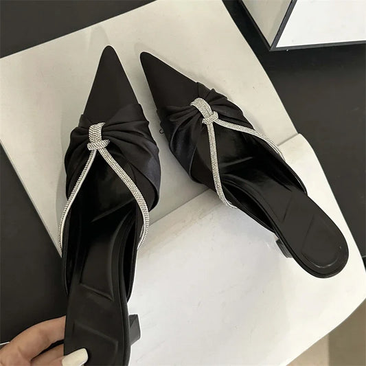 Eilyken Design Style Crystal Pointed Toe Mule Women Slippers Fashion Thin Heels Shoes Spring Summer Shallow Casual Dress Pumps