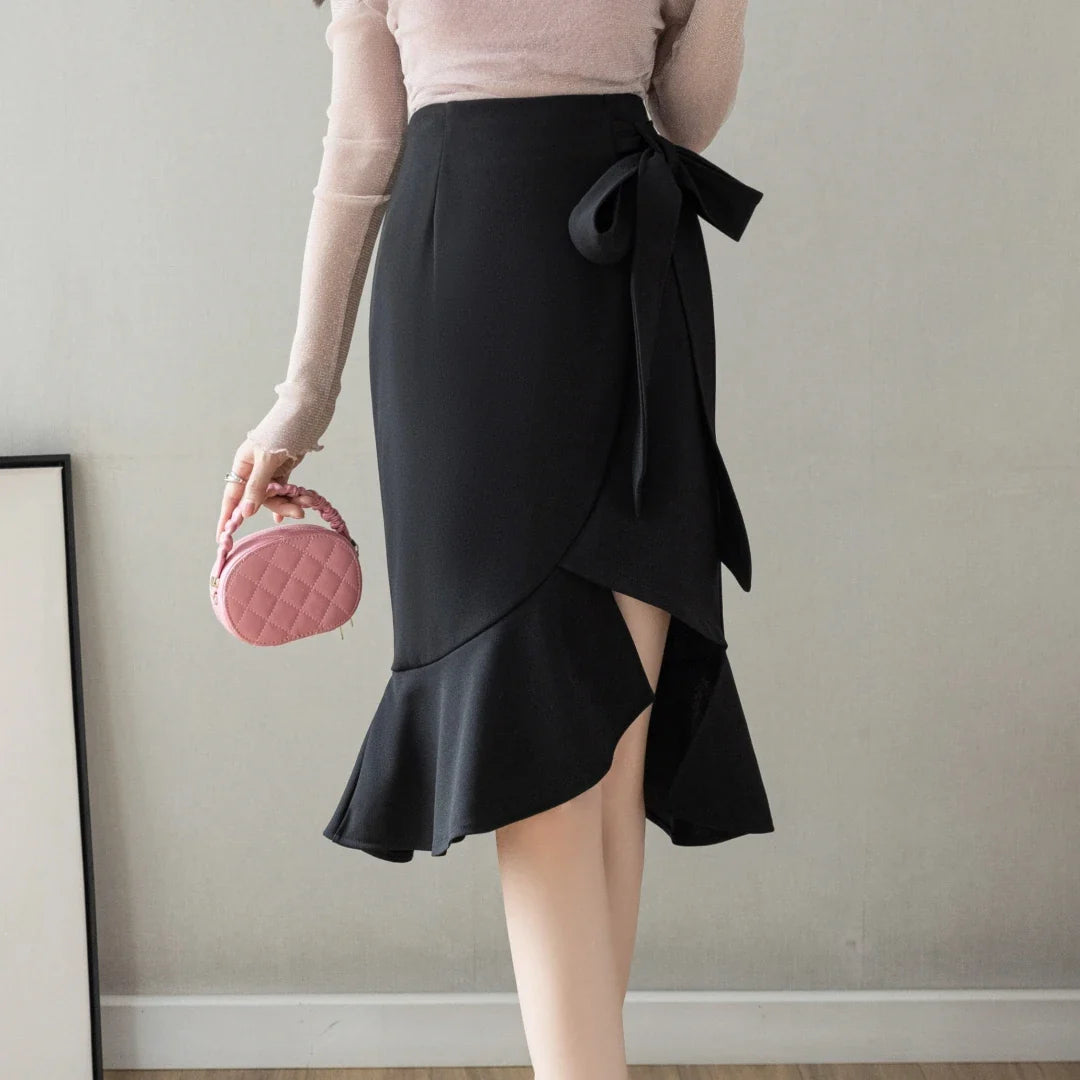 FashionSierra Black Lace-up Bow High Waist Midi Women 2024 Spring Summer Fashion Ruffled Package Hip Korean Female Skirt