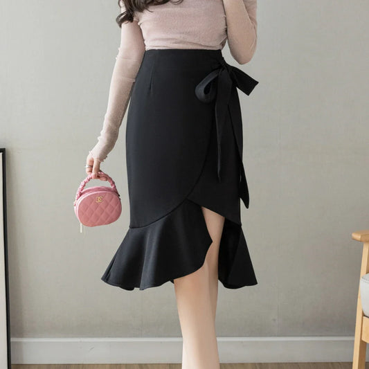 FashionSierra Black Lace-up Bow High Waist Midi Women 2024 Spring Summer Fashion Ruffled Package Hip Korean Female Skirt