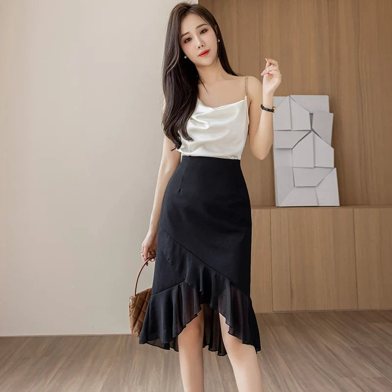 FashionSierra Chiffon Patchwork Asymmetrical Midi Womens Fashion High Waist Package Hip Korean OL Black Mermaid Skirt