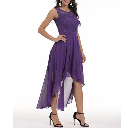 FashionSierra - Elegant Floral Lace Party Dress For Women Wedding Guest Chiffon Formal Robe Solid Color Sleeveless High Waist Midi Dress