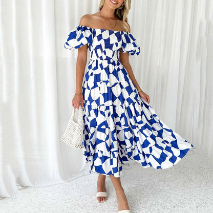 FashionSierra - Elegant Floral Printed Dress For Women Off Shoulder Puff Sleeve Midi Summer New Sexy Backless Slash Neck Casual Dress