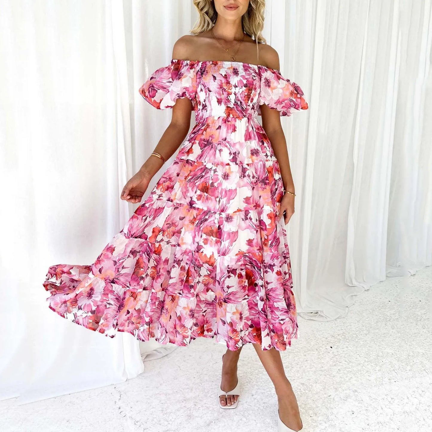 FashionSierra - Elegant Floral Printed Dress For Women Off Shoulder Puff Sleeve Midi Summer New Sexy Backless Slash Neck Casual Dress